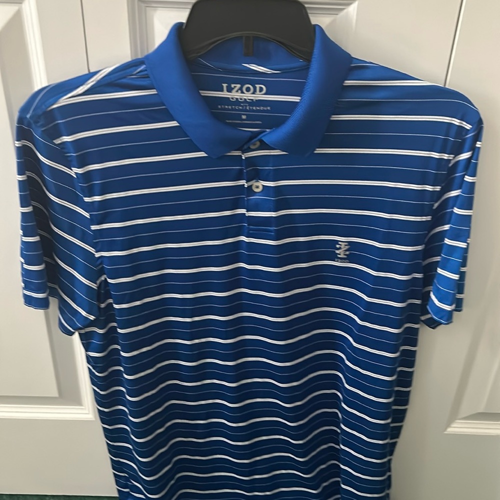 Men’s golf shirt, size medium blue white stripe in excellent condition.